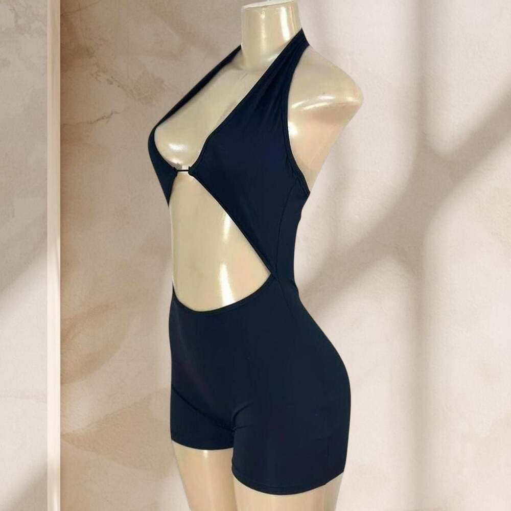 Black Cutout Romper – Halter Deep V Neck Backless Bodycon Sexy One Piece ✧ M